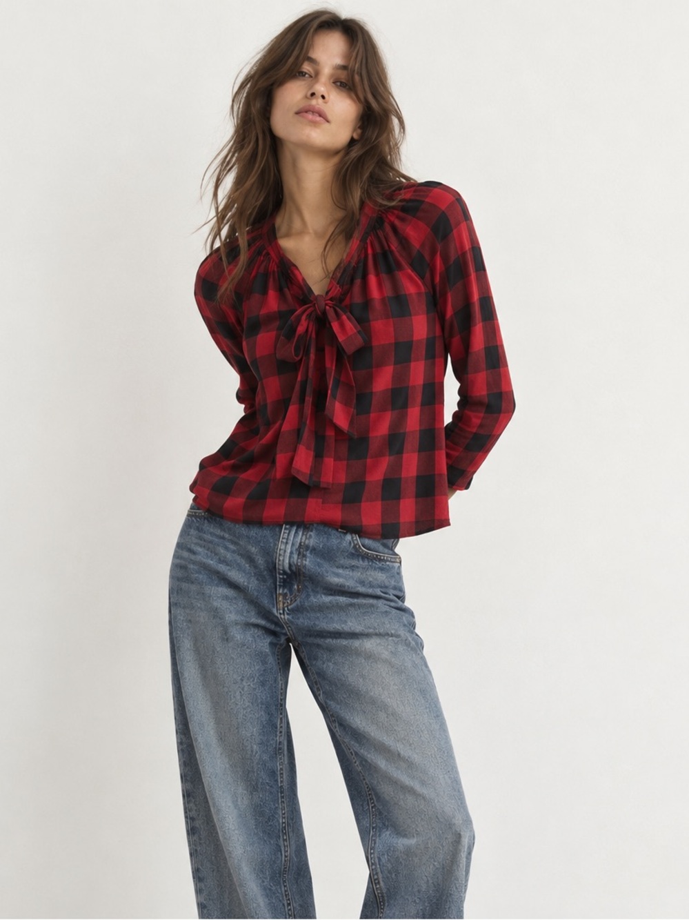 Madewell Red & Black Checkered Top with Bow